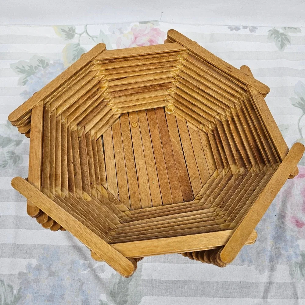 Handmade Wooden Popsicle Stick‎ Octagon Basket Bowl Decorative Centerpiece